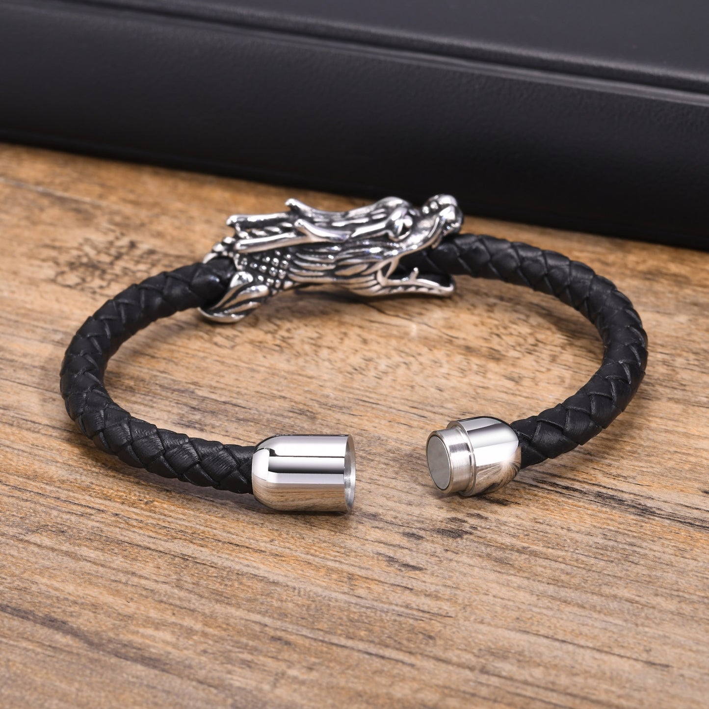 Punk Dragon Black Stainless Steel and Microfiber Leather Men's Bracelet