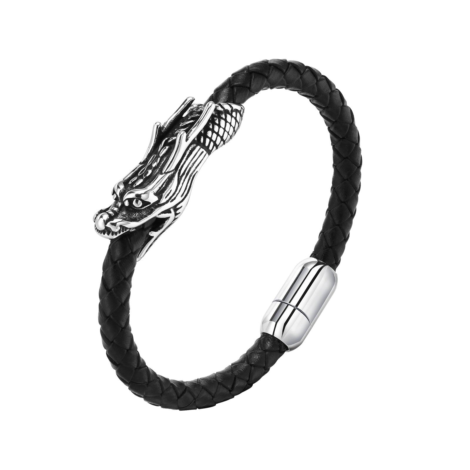 Punk Dragon Black Stainless Steel and Microfiber Leather Men's Bracelet