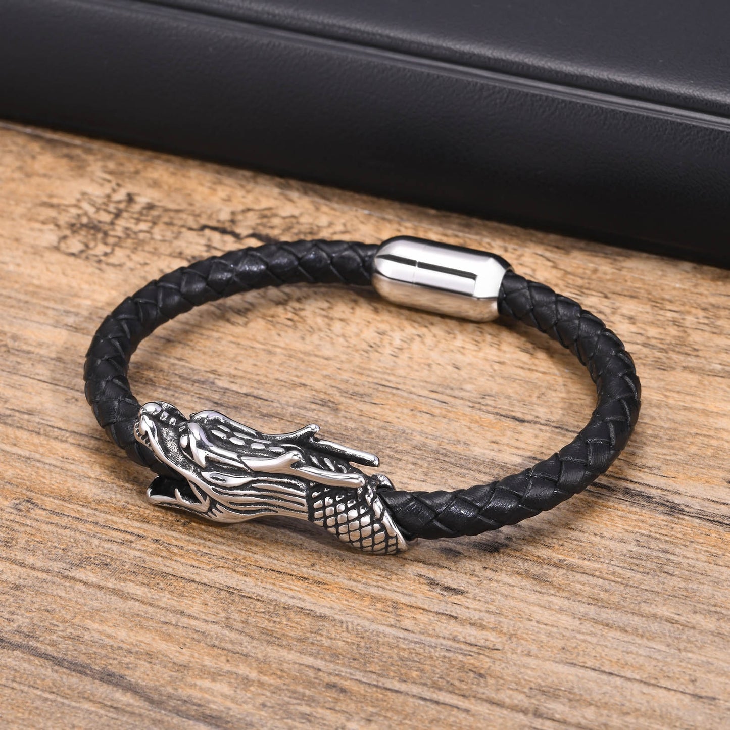 Punk Dragon Black Stainless Steel and Microfiber Leather Men's Bracelet