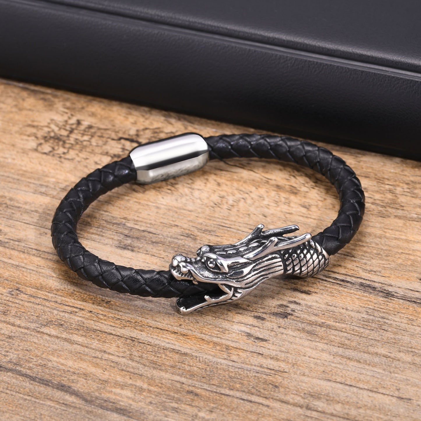 Punk Dragon Black Stainless Steel and Microfiber Leather Men's Bracelet