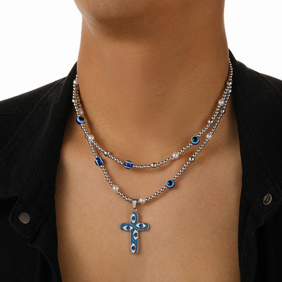 Punk Geometric Cross Devil's Eye Alloy Wholesale Double Layer Necklaces