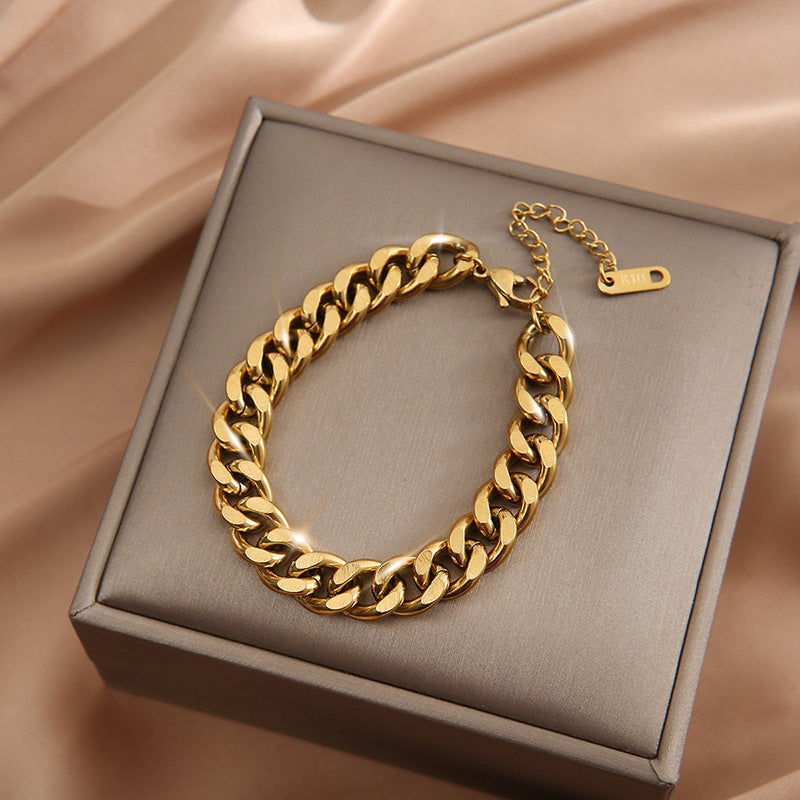 Punk Geometric Gold Plated Titanium Steel Cuban Chain Bracelet for Women