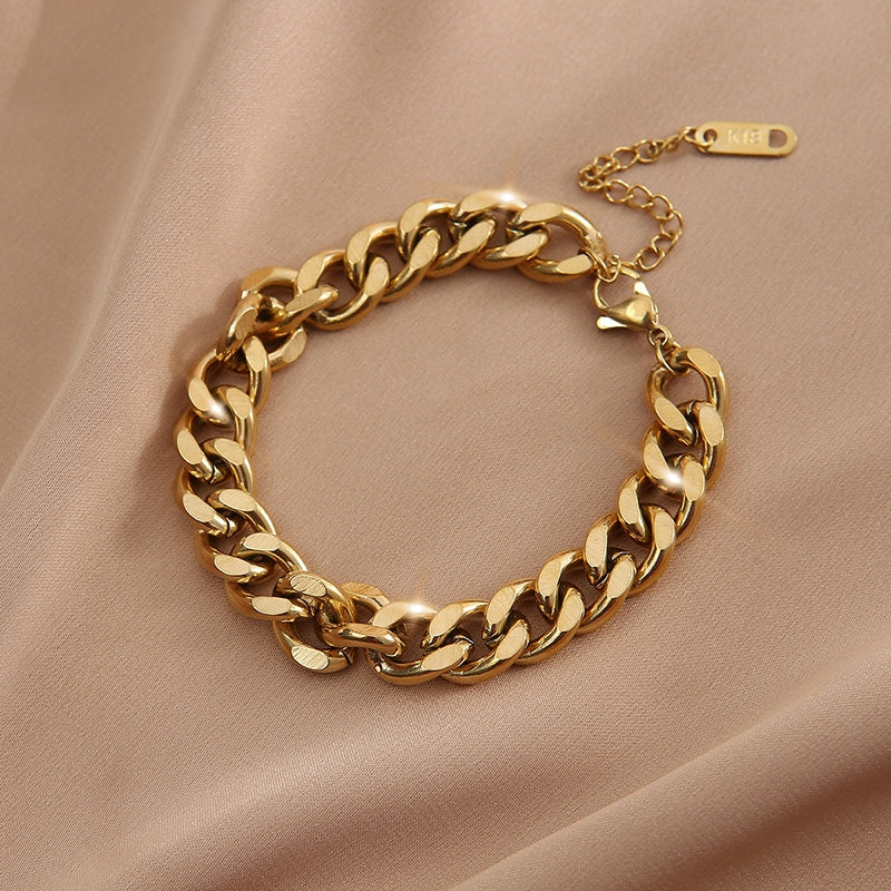 Punk Geometric Gold Plated Titanium Steel Cuban Chain Bracelet for Women