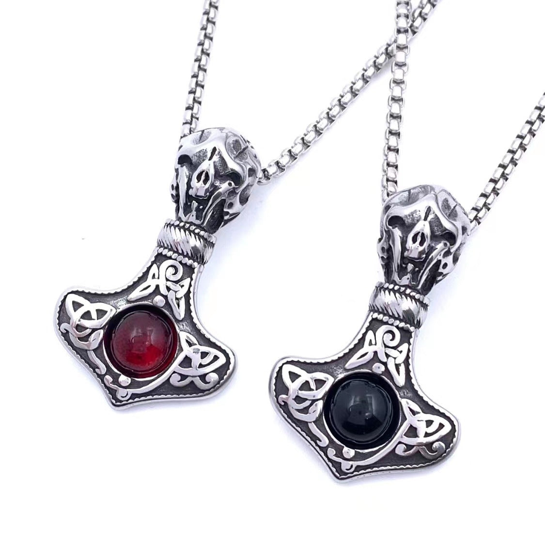 Punk Thor's Hammer Stainless Steel Skull Gem Men's Pendant Necklace