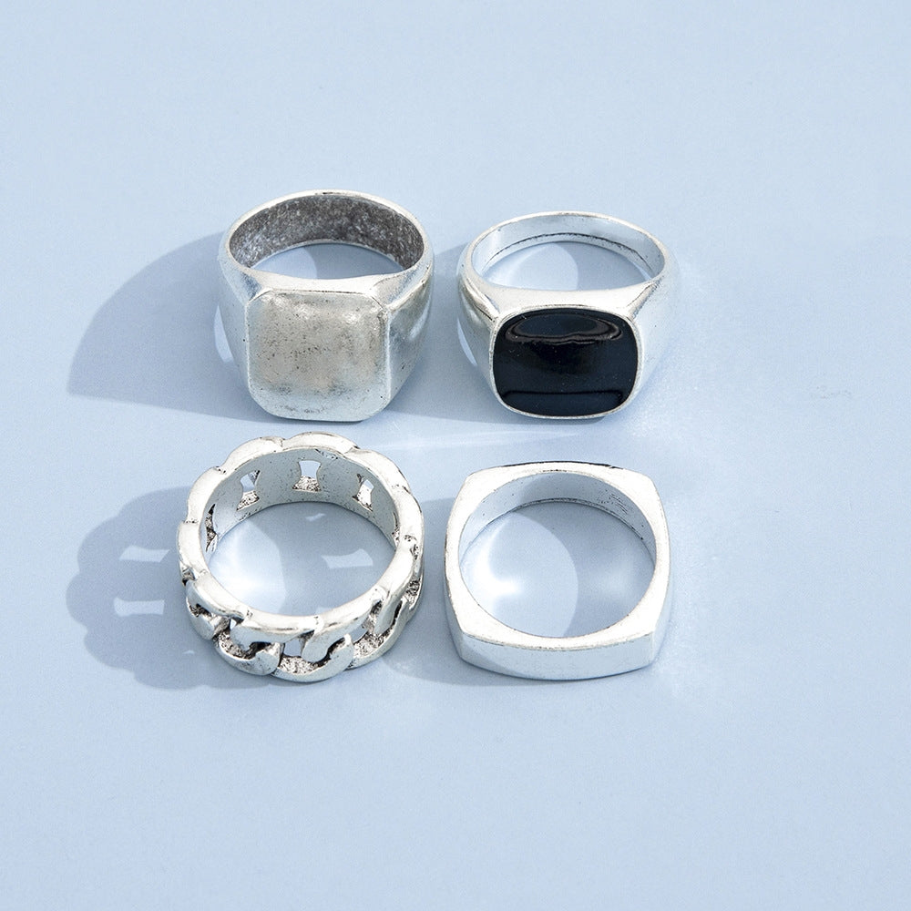 Punk Hip Hop Vintage Geometric Metal Ring Set - Four Piece Collection