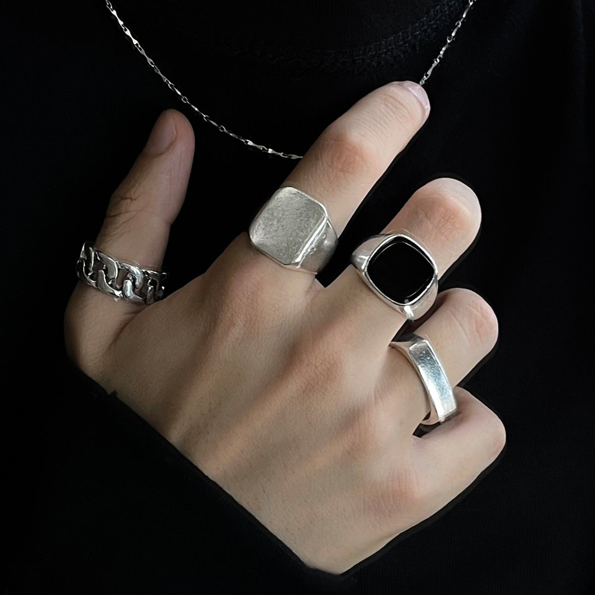 Punk Hip Hop Vintage Geometric Metal Ring Set - Four Piece Collection