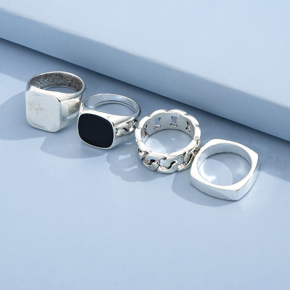 Punk Hip Hop Vintage Geometric Metal Ring Set - Four Piece Collection