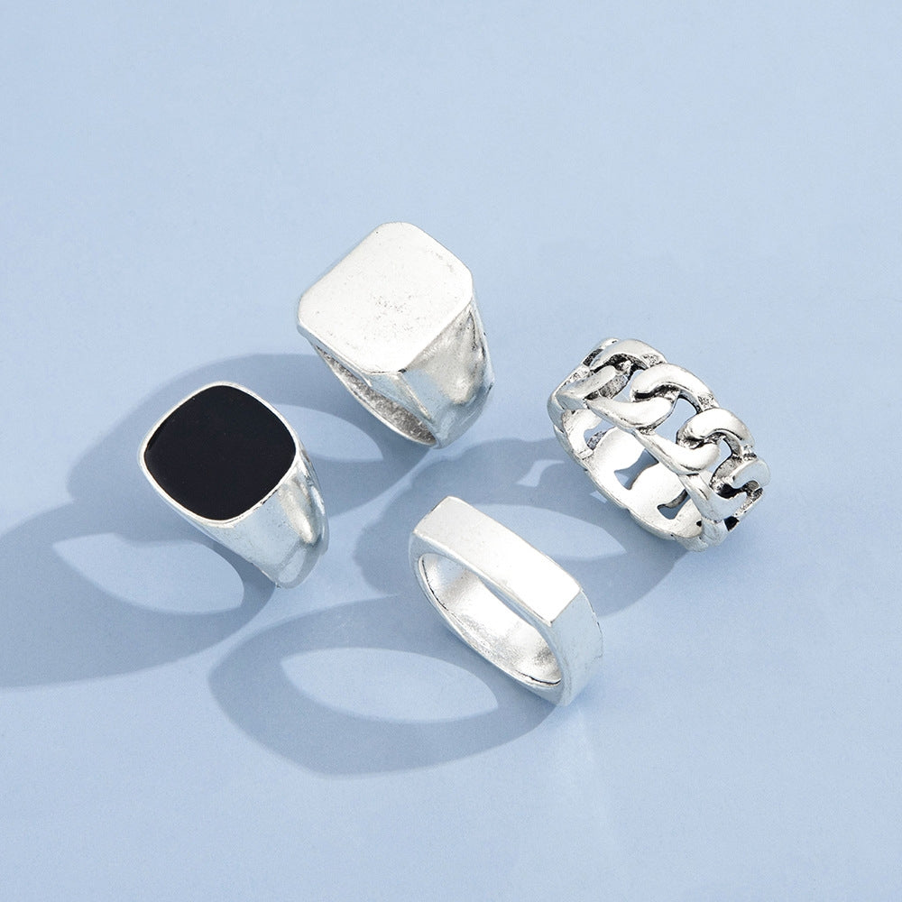 Punk Hip Hop Vintage Geometric Metal Ring Set - Four Piece Collection