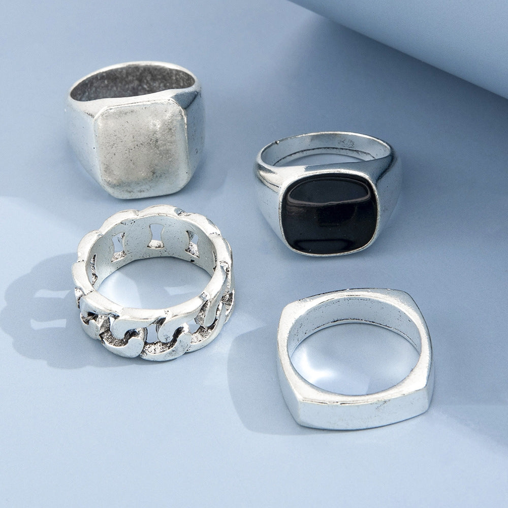 Punk Hip Hop Vintage Geometric Metal Ring Set - Four Piece Collection