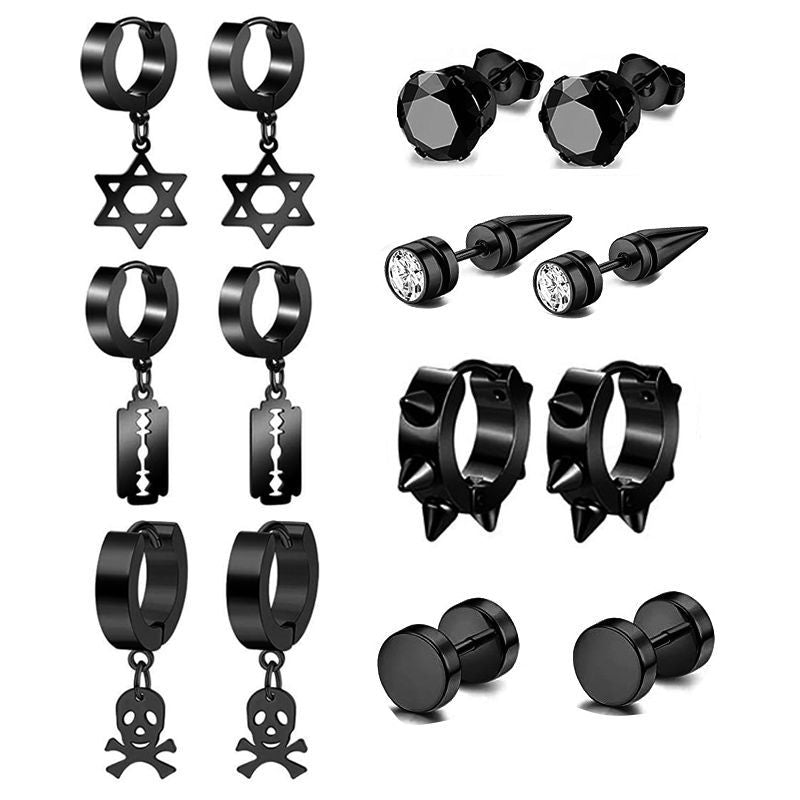 Punk Black Stainless Steel Zircon Stud Earrings Set for Men