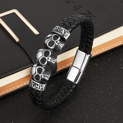 Punk Skull Stainless Steel Leather Men's Bracelet with Titanium Magnet Buckle