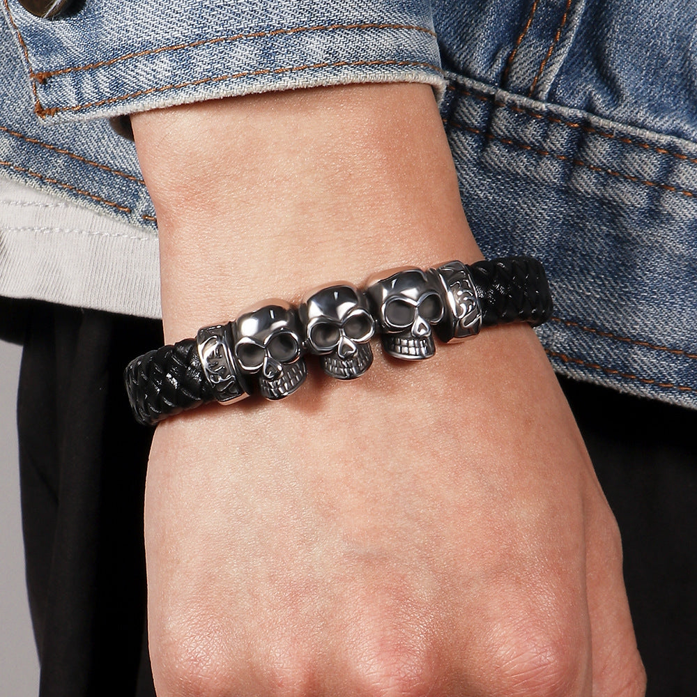 Punk Skull Stainless Steel Leather Men's Bracelet with Titanium Magnet Buckle