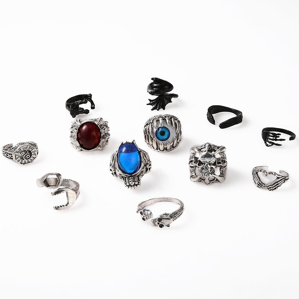 Punk Skull & Evil Eye Alloy Gemstone Rings Set - 12 Pieces