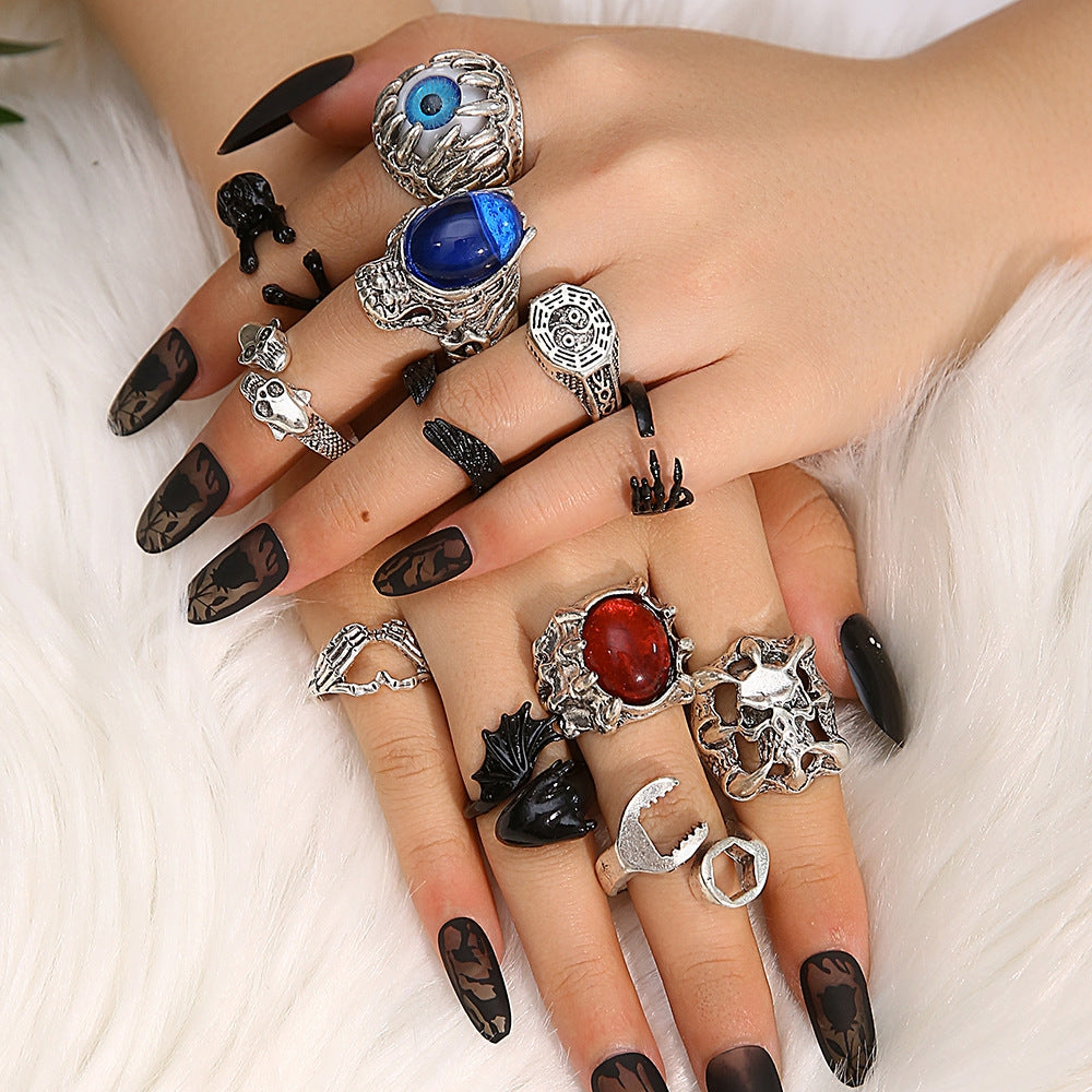 Punk Skull & Evil Eye Alloy Gemstone Rings Set - 12 Pieces