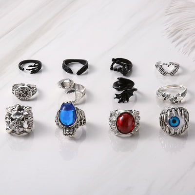 Punk Skull & Evil Eye Alloy Gemstone Rings Set - 12 Pieces