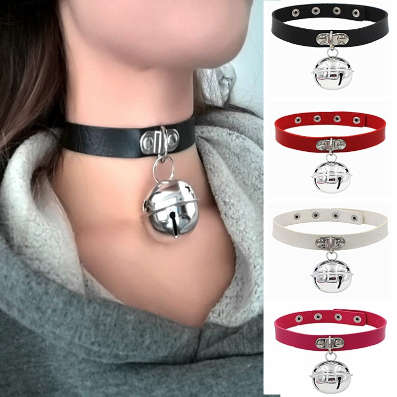 Punk PU Leather Patchwork Bell Pendant Choker Necklace for Women