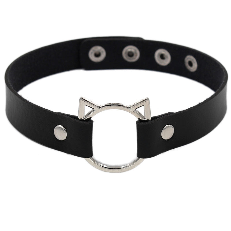 Punk PU Leather Patchwork Cat Ear Choker Necklace for Women