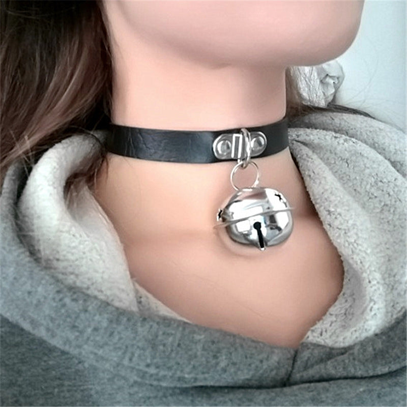 Punk PU Leather Patchwork Bell Pendant Choker Necklace for Women