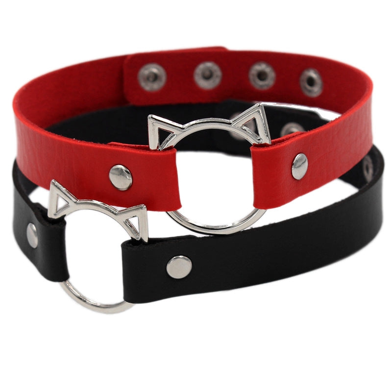 Punk PU Leather Patchwork Cat Ear Choker Necklace for Women