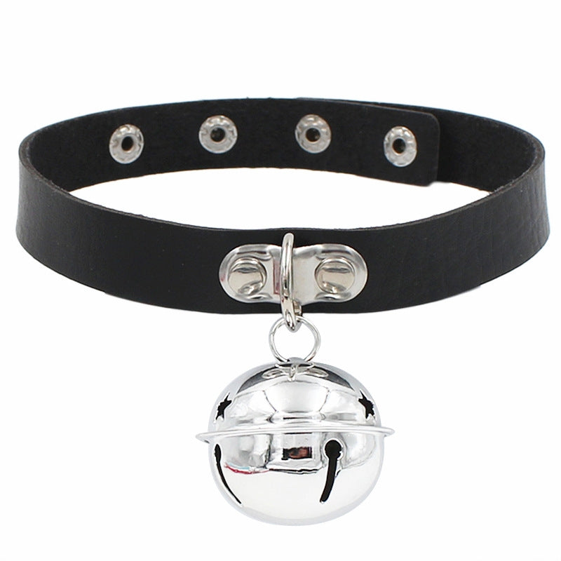 Punk PU Leather Patchwork Bell Pendant Choker Necklace for Women