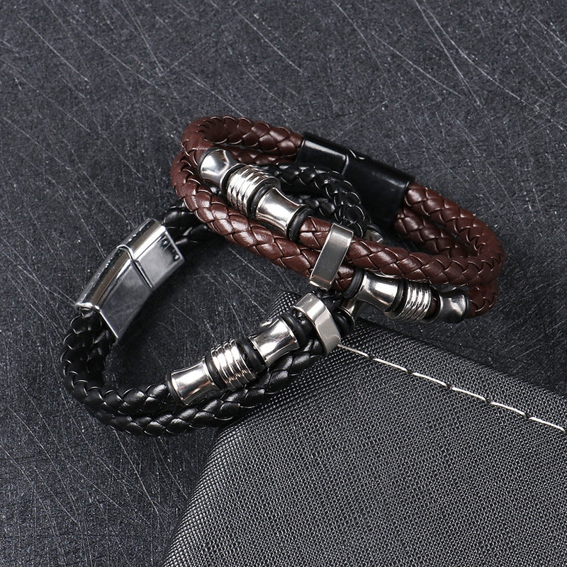 Punk Stainless Steel PU Leather Braided Magnetic Clasp Men's Bracelet