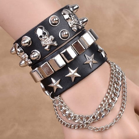 Punk Skull Multi-Layer Leather Rivet Bracelet