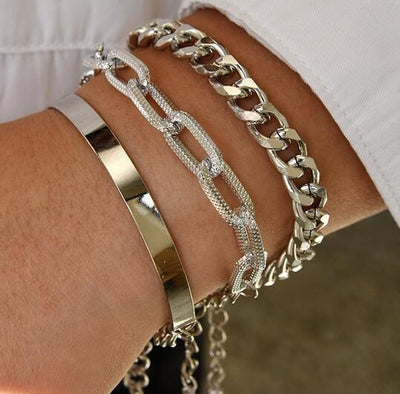 Punk Style Multi-Layer Snake Bone and Glossy Chain Bracelet Set with Square Filigree Open Design