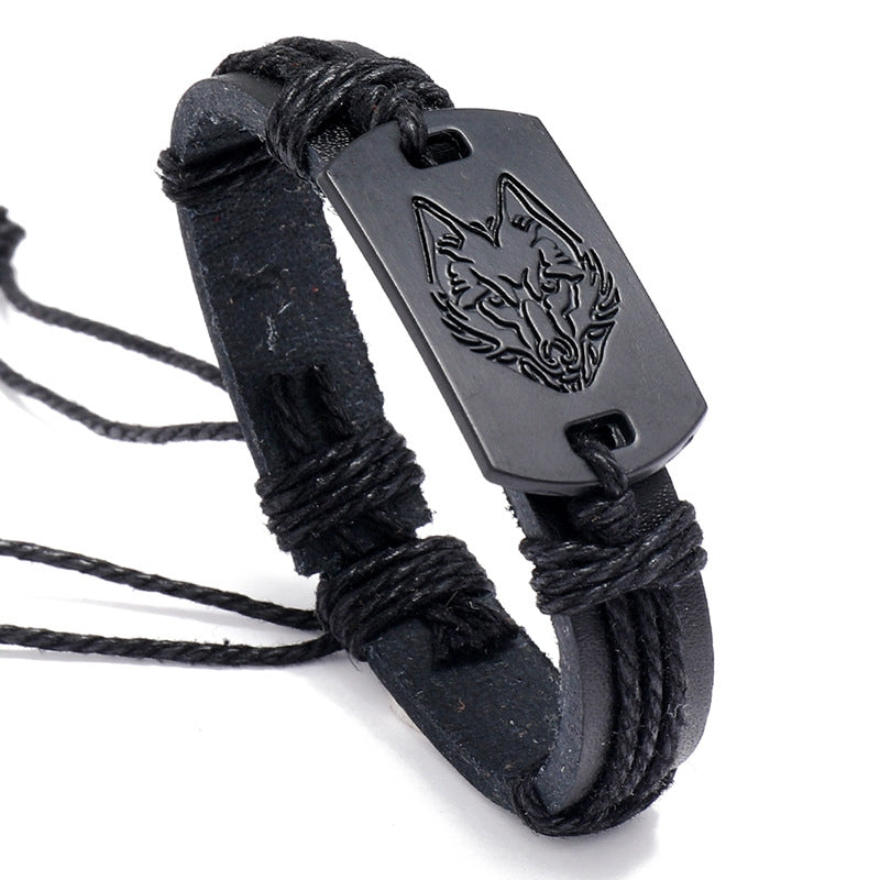 Punk Men's Black Wolf Head Multi-layer Braided Leather Bracelet