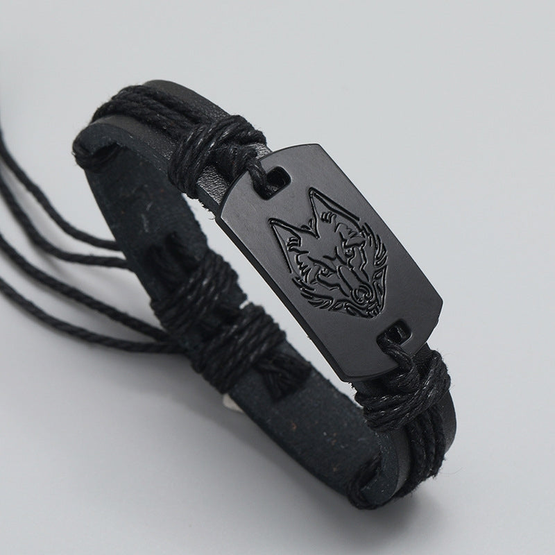 Punk Men's Black Wolf Head Multi-layer Braided Leather Bracelet