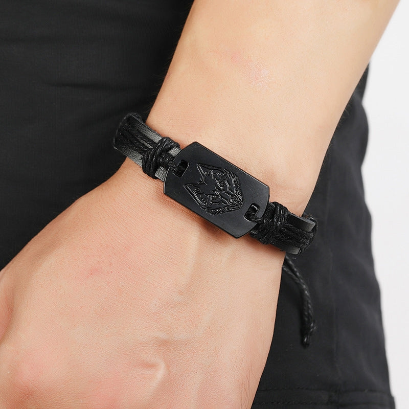 Punk Men's Black Wolf Head Multi-layer Braided Leather Bracelet