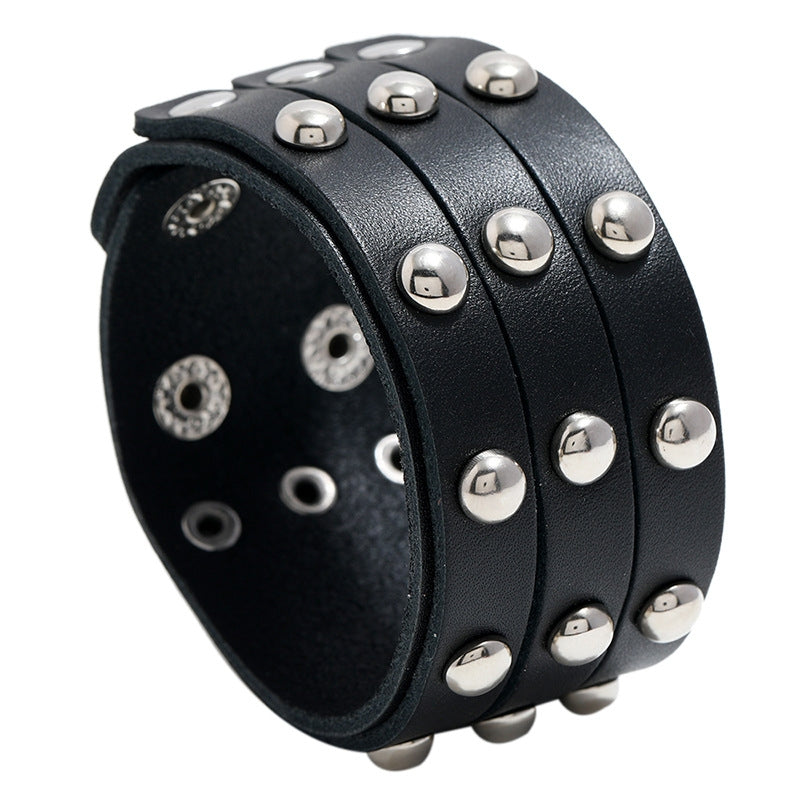 Punk Style Men's Wide Leather Bracelet with Rivets - European and American Trend Cowhide Jewelry