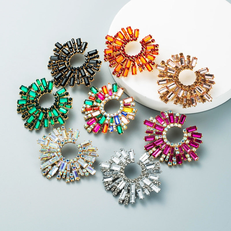 Retro European Alloy Inlaid Colorful Rhinestone Sunflower Earrings for Women