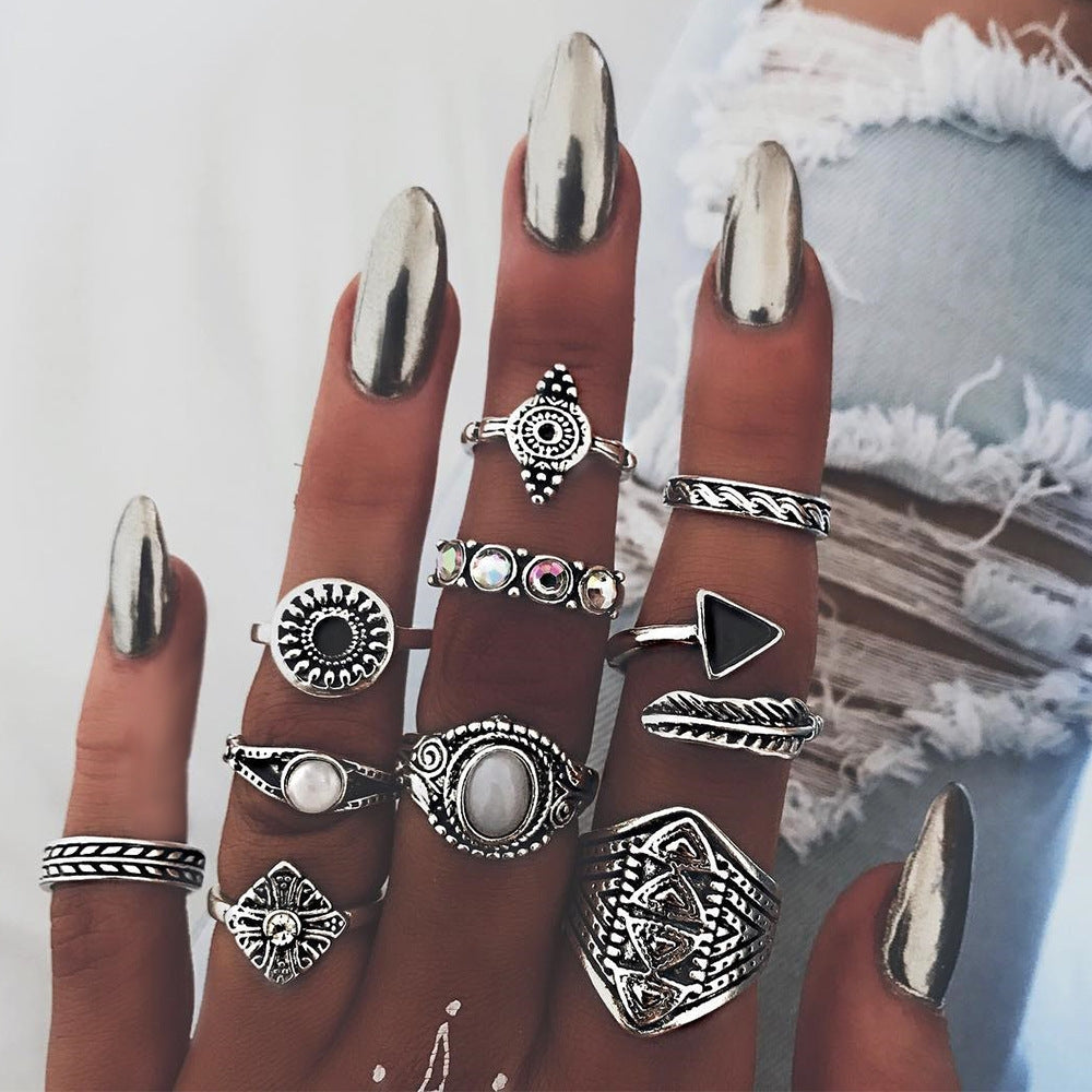 Retro Geometric Diamond Alloy Ring 10-Piece Set for Women