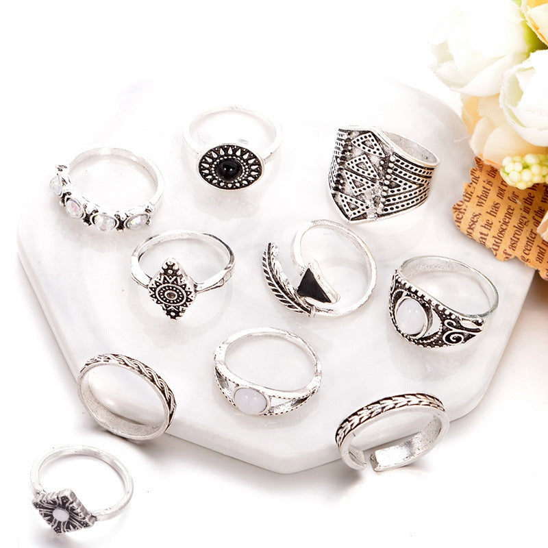 Retro Geometric Diamond Alloy Ring 10-Piece Set for Women