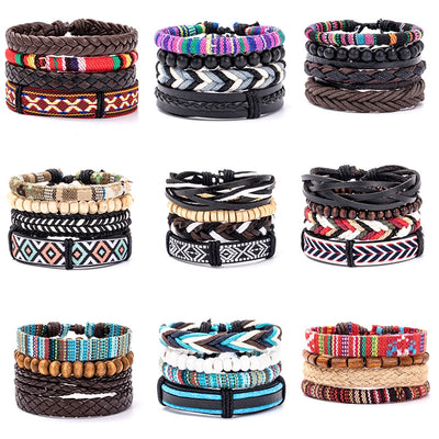 Bohemian Multicolor Beaded Leather Braided Unisex Bracelet Set