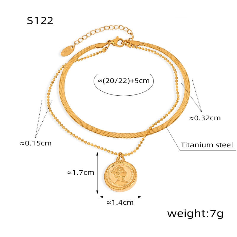 Retro British Style 18K Gold Plated Titanium Steel Unisex Double Layer Pendant Anklet