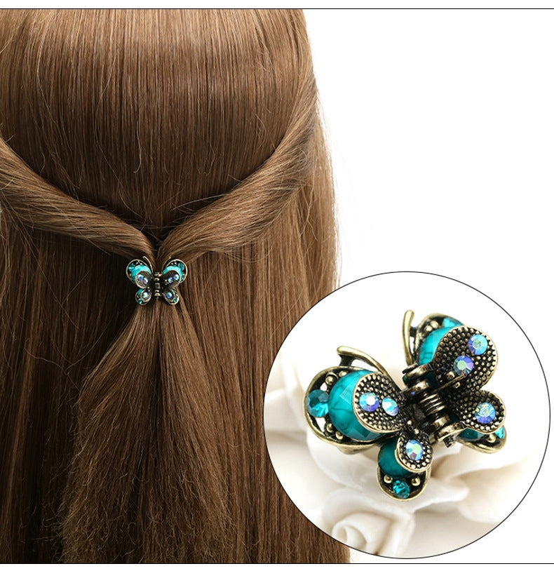 Retro Bronze Butterfly Hair Claw with Resin Bow and Gemstone Inlay