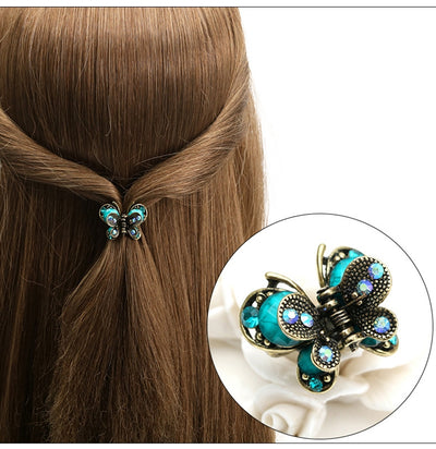 Retro Bronze Butterfly Hair Claw with Resin Bow and Gemstone Inlay