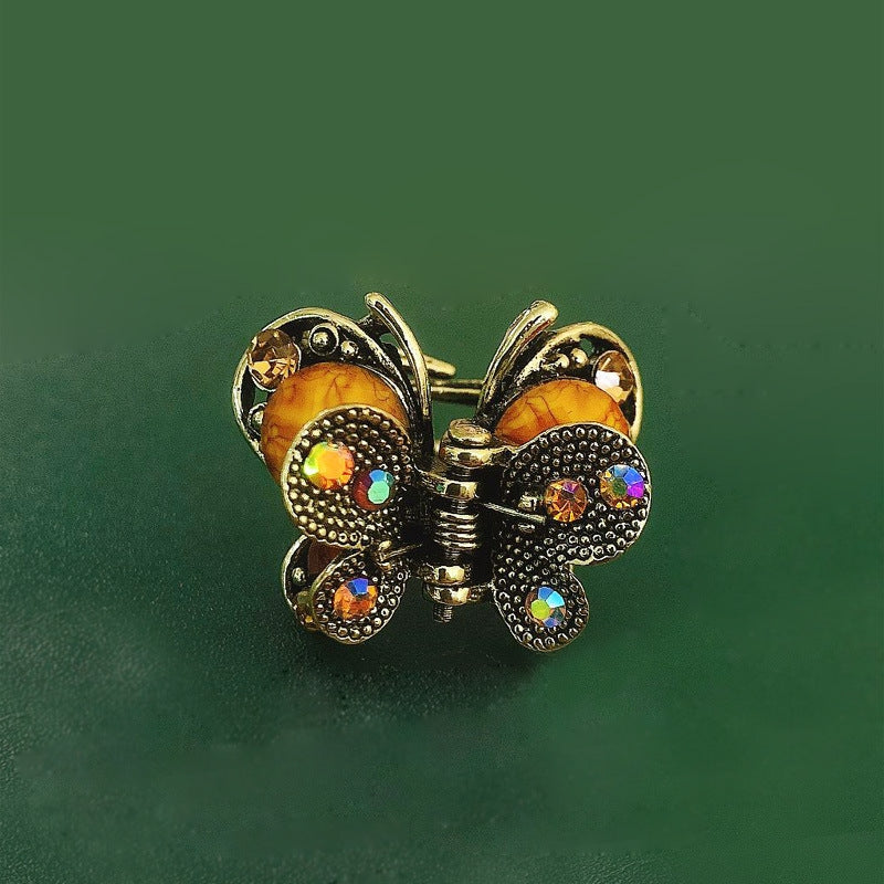 Retro Bronze Butterfly Hair Claw with Resin Bow and Gemstone Inlay