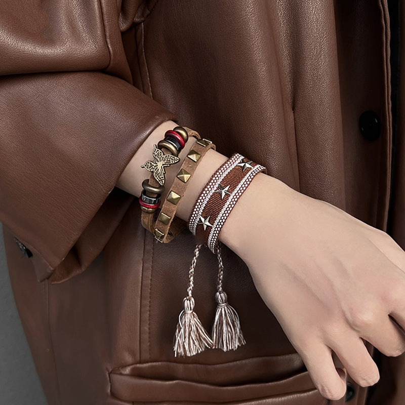 Retro Butterfly Coffee Double Leather Alloy Bracelet - Niche Personality Design Fashion Hand Accessory