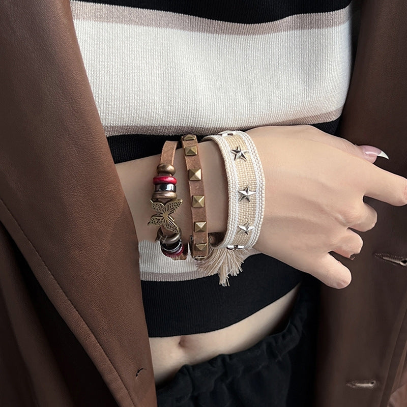 Retro Butterfly Coffee Double Leather Alloy Bracelet - Niche Personality Design Fashion Hand Accessory