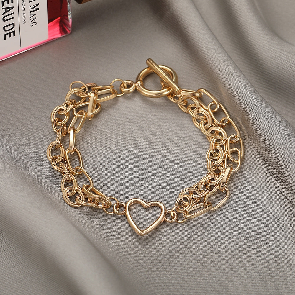 Retro Double Layer Peach Heart Chain Anklet - Gold Alloy Minimalist Design