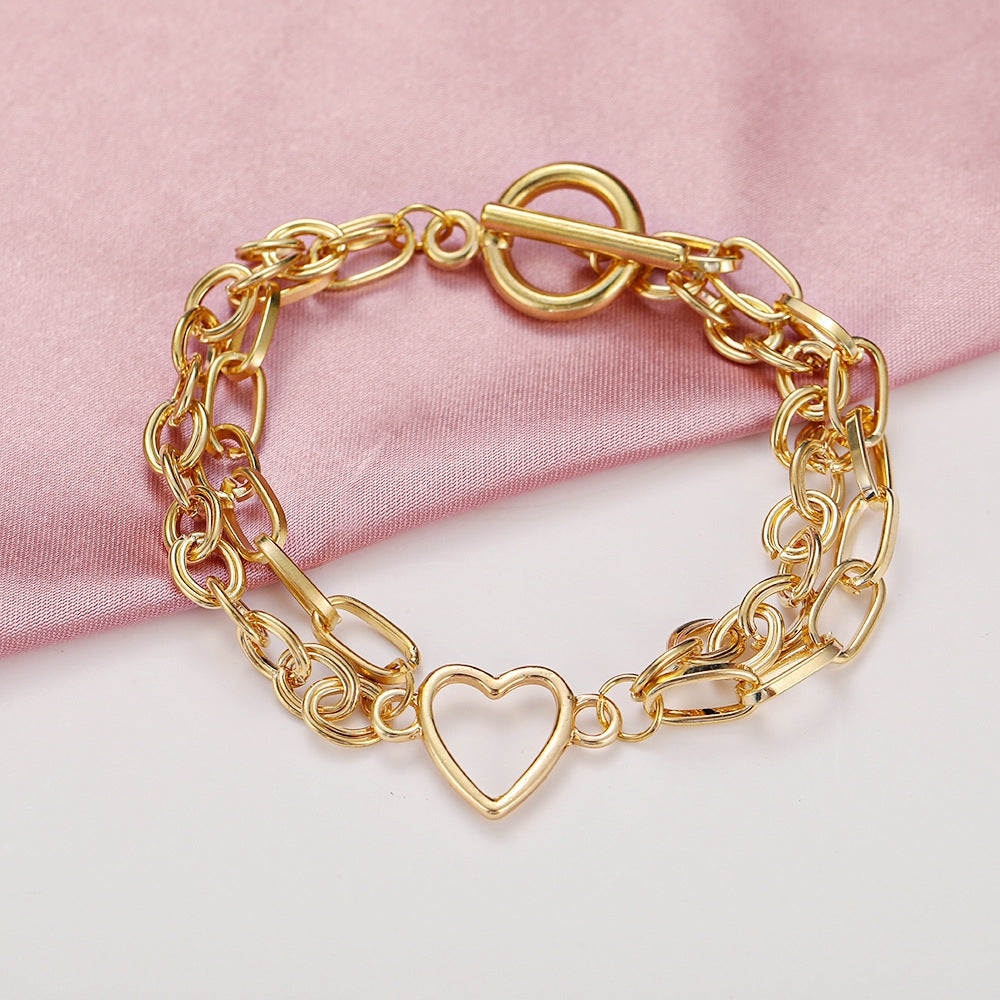 Retro Double Layer Peach Heart Chain Anklet - Gold Alloy Minimalist Design