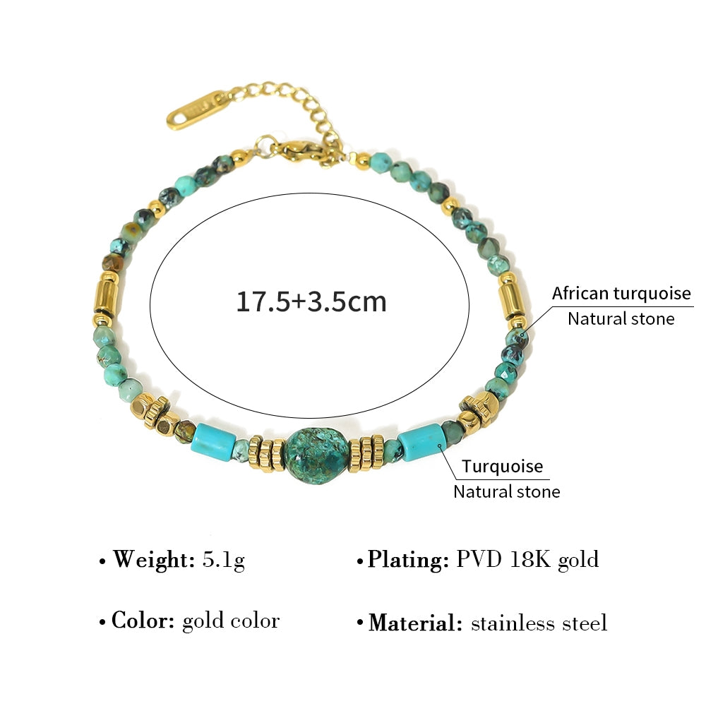 Retro Bohemian Natural Turquoise Stone 18K Gold Plated Stainless Steel Bracelet