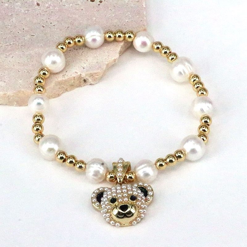 Retro Bear Zircon Inlay Gold Plated Pearl Bracelet