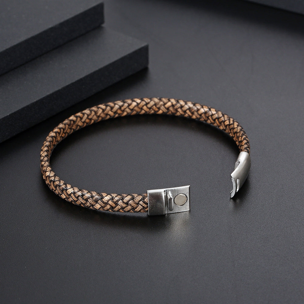 Retro Color Block Stainless Steel Leather Men's Bangle with Magnetic Buckle