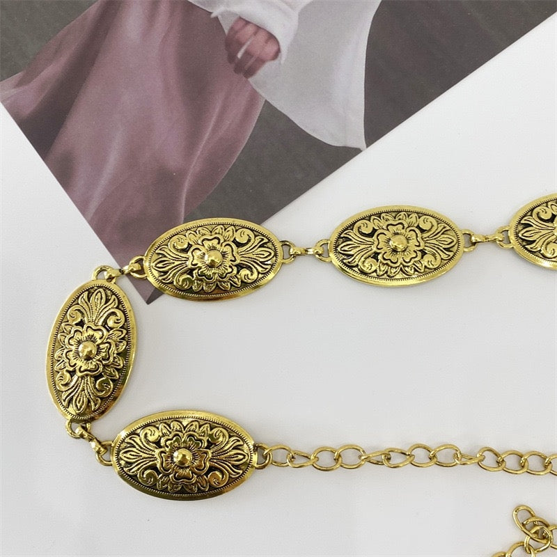 Retro Color Block Alloy Women's Chain Belt - Versatile Korean Style Dress Waist Chain in Gold and Silver