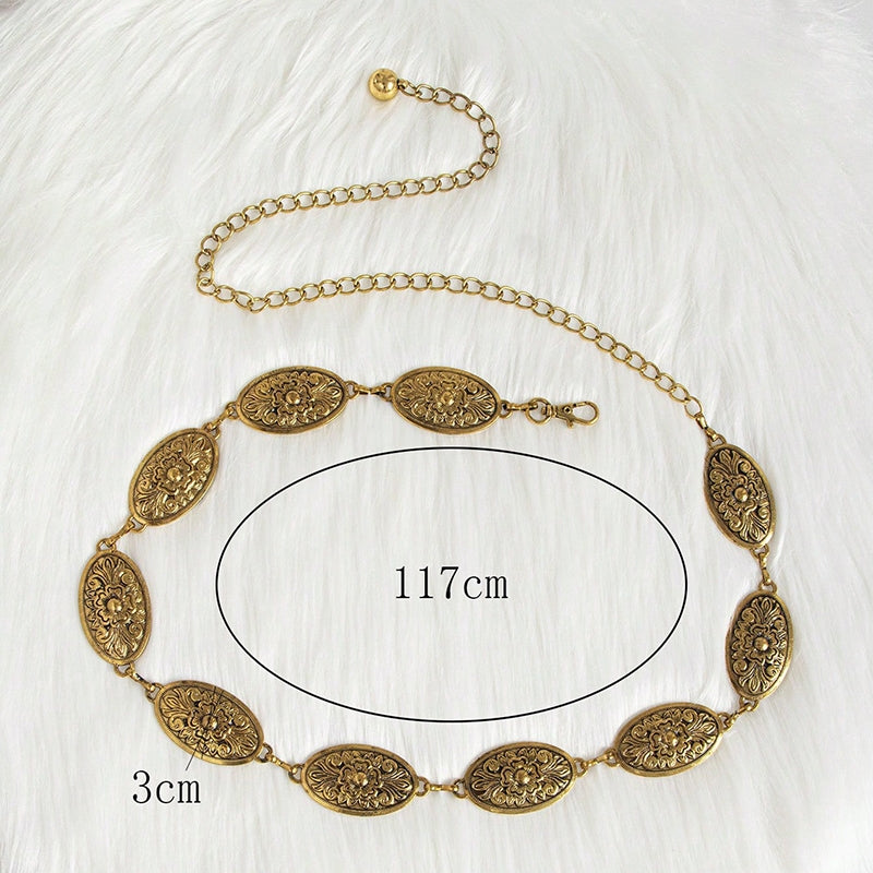 Retro Color Block Alloy Women's Chain Belt - Versatile Korean Style Dress Waist Chain in Gold and Silver