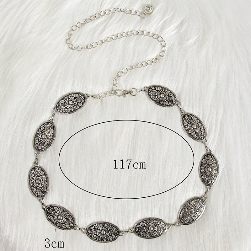 Retro Color Block Alloy Women's Chain Belt - Versatile Korean Style Dress Waist Chain in Gold and Silver