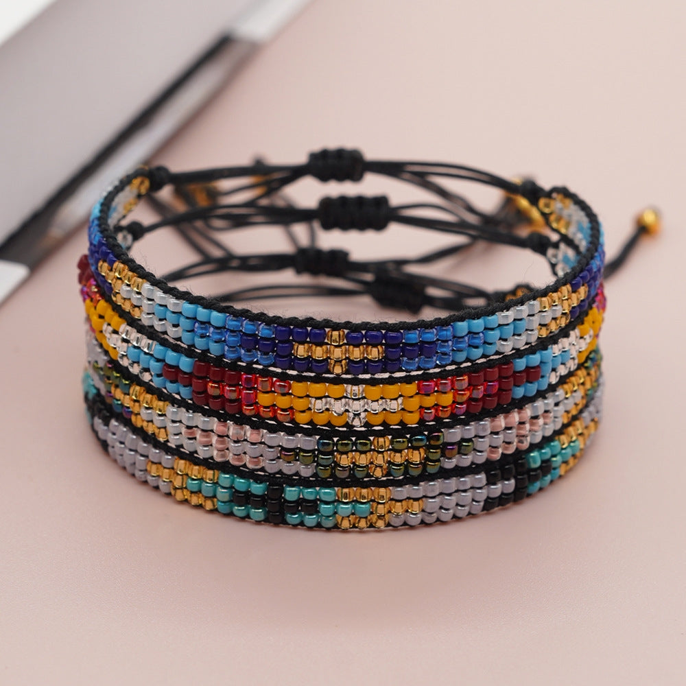 Retro Color Block Hand-Woven Bohemian Friendship Bracelet with Rice Beads